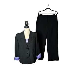 Plaza South Petite 3 Pc Pant Suit Set Black Purple Blazer Shell Trousers 12P NEW
